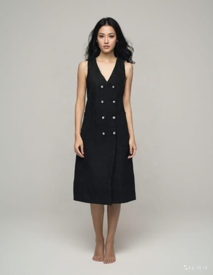 Women black linen dress - Button